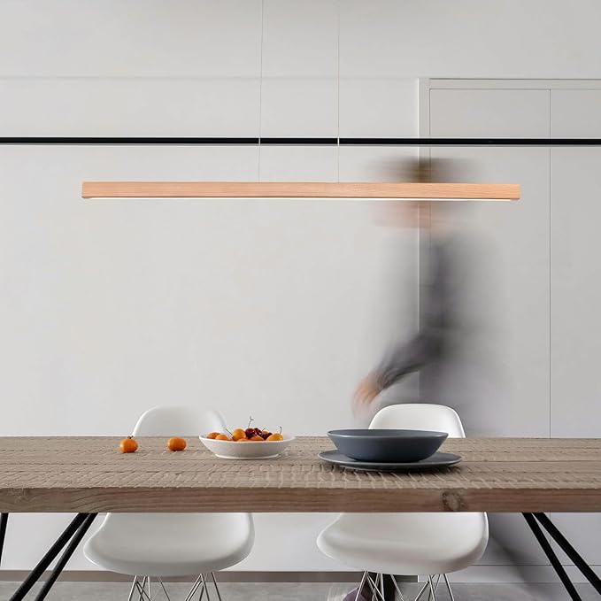 31" Wooden Linear Pendant Light LED Pendant Light Dimmable Pool Table Island Lights Modern Linear Chandeliers for Dining Room Kitchen Ceiling Pendant Lamp for Dining Room Kitchen Island Natural