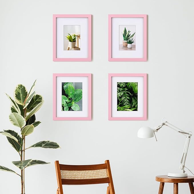 Egofine 8x10 Picture Frames with Plexiglass, Display Pictures 4x6/5x7 with Mat or 8x10 Without Mat Set of 4 for Tabletop and Wall Mounting, Pink