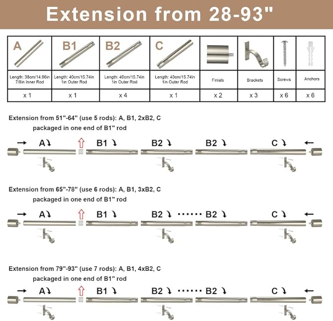 Splicing Curtain Rods 28 to 93 Inch, Adjustable Brushed Nickel Window Rods, 1-Inch Telescoping Drapery Rod, Decorative With Cap Finials