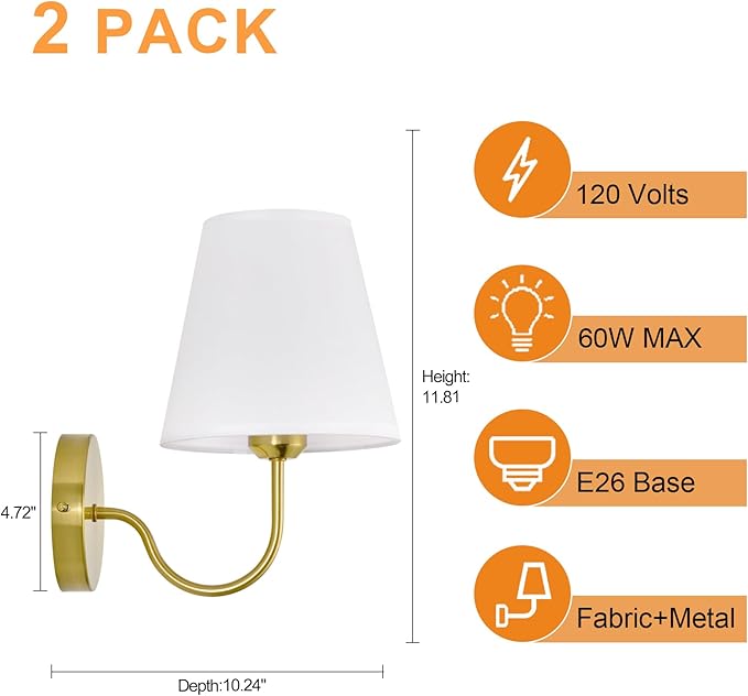 Modern Gold Hardwired Wall Sconces Lighting Fixture, E26 Industrial Vintage Gold Wall Light Set of 2 Pack Wall Lamp Bathroom Decor for Bedroom Living Room, Brass Finish Sconces