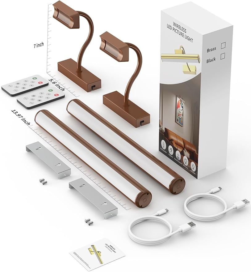 Picture Light Battery Operated, 13in Wireless Art Light for Paintings, Dimmable 5000mAh Recharging Battery Picture Light with Remote Control for Wall, Gallery Dartboard (Orange Copper -2Pack)