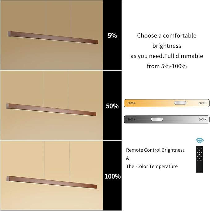 31 Inch Wood Linear Pendant Light Dimmable LED Kitchen Island Lighting with Remote Adjustable Hanging Chandelier for Dining Room Bar Pool Table 19W Modern Farmhouse Fixture Walnut Color