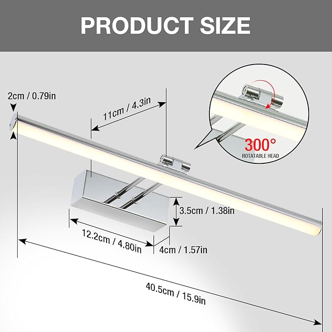 Battery Picture Light, 16 inch Wireless Picture Light for Painting with Remote,Full Metal Rechargeable Art Light,Wall Sconce Display Lighting for Portrait, Photo Frame,Gallery, (Chrome)