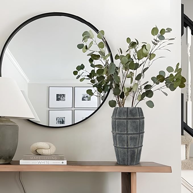 Briful Rustic Terracotta Flower Vase for Home Decor – 9" Blue Farmhouse Textured Barrel-Style Ceramic Vase Vintage Handcrafted Gridded Design for Faux & Dried Flowers Living Room Table Centerpiece