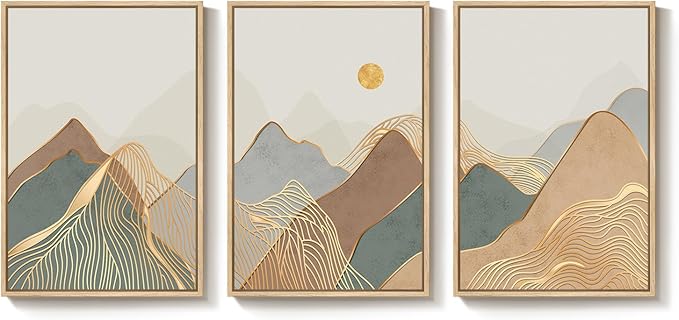 Framed Boho Mountain Wall Art for Living Room, Large Modern Canvas Nature Landscape Prints Artwork for Walls, Minimalist Sun Line Painting, Hallway, Bedroom, Kitchen, Office Wall Decor, 16x24 Inch