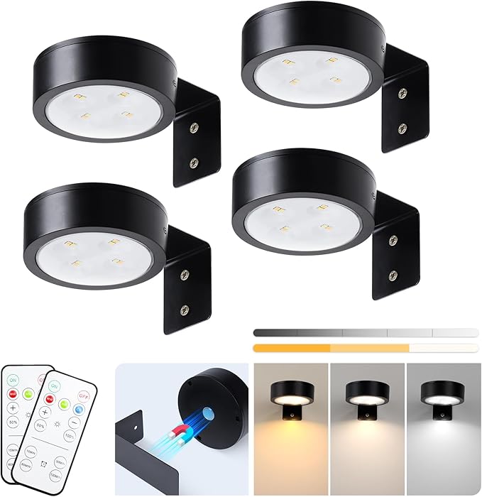4-Pack Picture Light Battery Operated with Remote, Led Lights Dimmable and Timer Painting Light, Art Display Light for Picture Frame Artworking Portrait, Home Wall Decor Puck Lights, Black