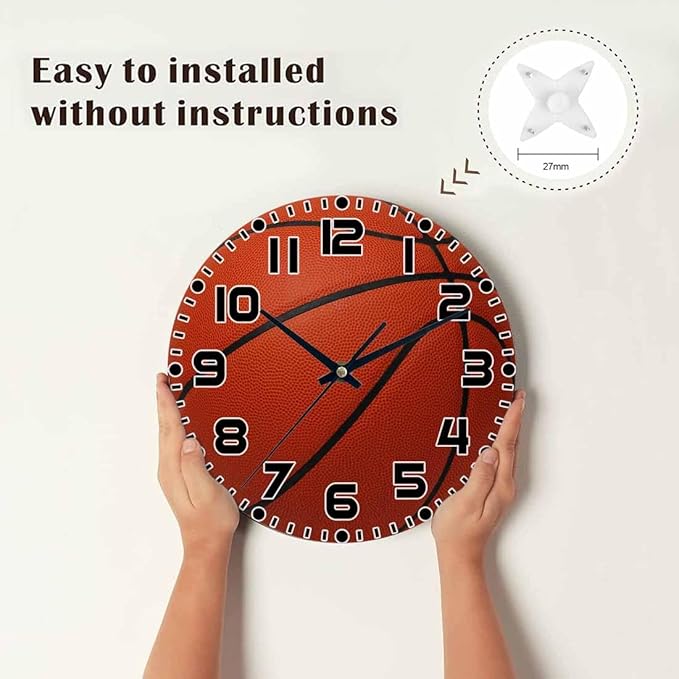Basketball Wall Clock Brown Basketball Battery Powered Wall Clock Silent Non Ticking 10 Inch for Living Room, Kitchen, Home,Bathroom, Bedroom