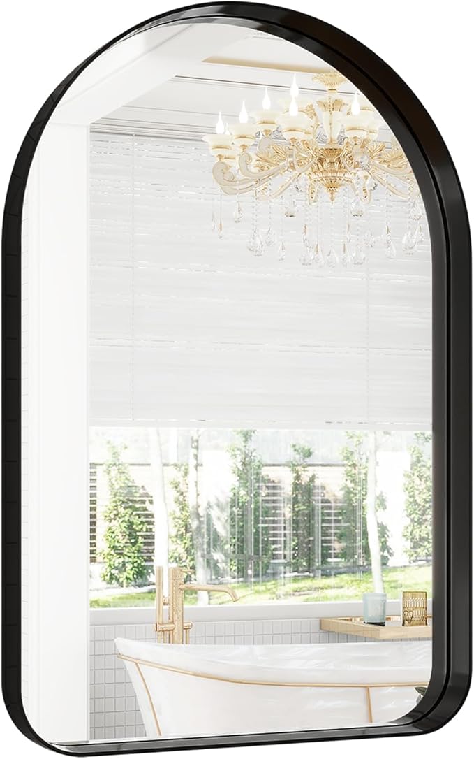 38"x26" Arched Bathroom Mirror - Modern Black Mirror for Wall with Rounded Corners, Bathroom Mirror for Vanity, Aluminum Alloy Framed Mirror - for Living Room, Bedroom, Cloakroom