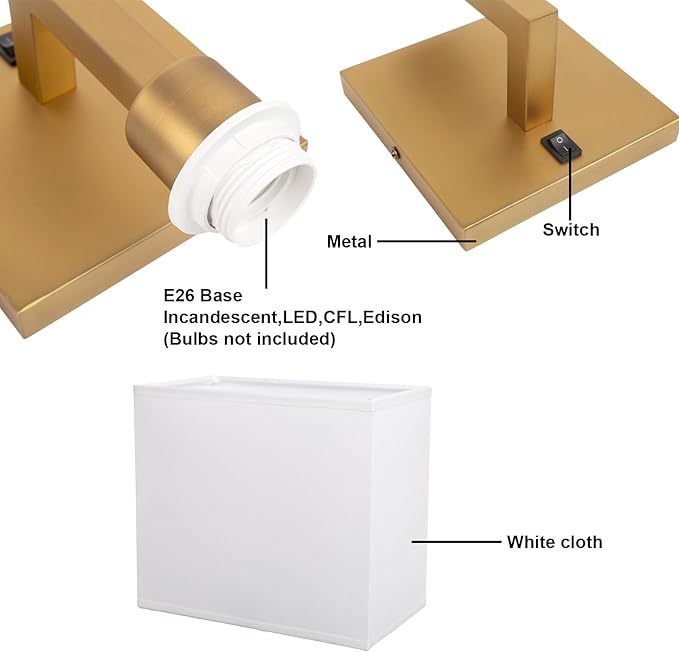 Yosoan Set of 2 Indoor Vanity Wall Sconce with On Off Switch, Brass Modern Boho Vintage Industrial Light with Square Fabric Shade for Bedroom Living Room Library Hallway Porch Dual Lamp Decor(Antique)