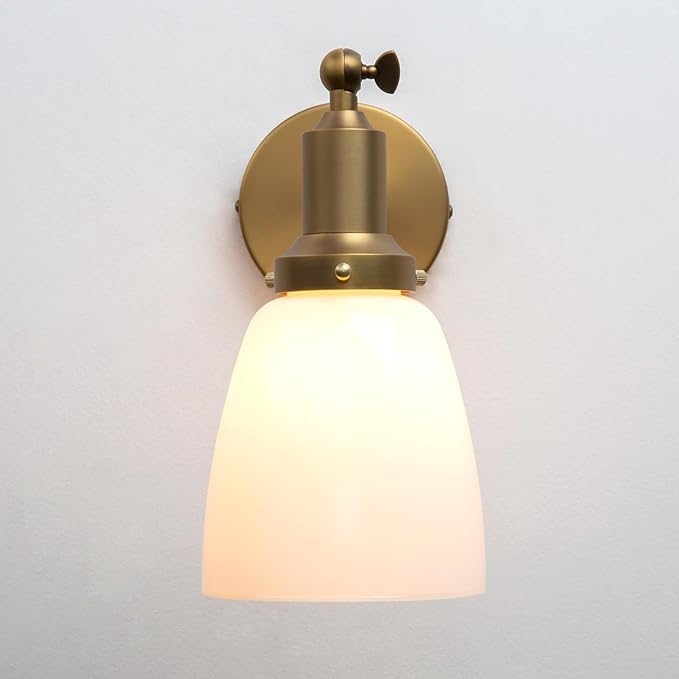 PERMO Industrial Vintage Slope Pole Wall Mount Single Sconce with 5.5" Oval Dome Milk White Glass Shade Wall Sconce Light Lamp Fixture (Antique)