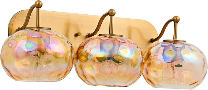 23" Brushed Gold Vanity Light Stained Amber Hammered Glass Wall Sconce 3-Light Brass Wall Lamp for Hallway Living Room Stairwell Bathroom Over Mirror