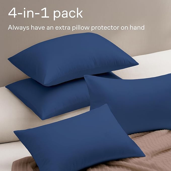 Ultra Soft Pillow Protectors with Zipper Queen Size - Set of 4 Breathable Pillow Covers - 100% Protection Against Stains, Dust & Dirt - Machine Washable (Navy Blue)