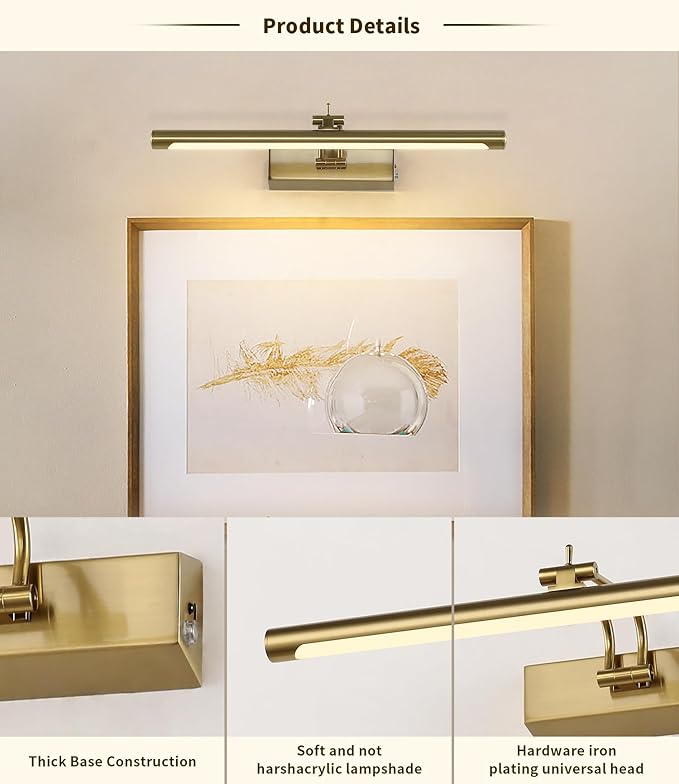 Joosenhouse Battery Operated Picture Light 5000mAh Rechargeable Wall Light 15.7" Wireless Picture Lights for Wall with Remote Control for Paintings Photo Spot Lights Indoor Brass Color