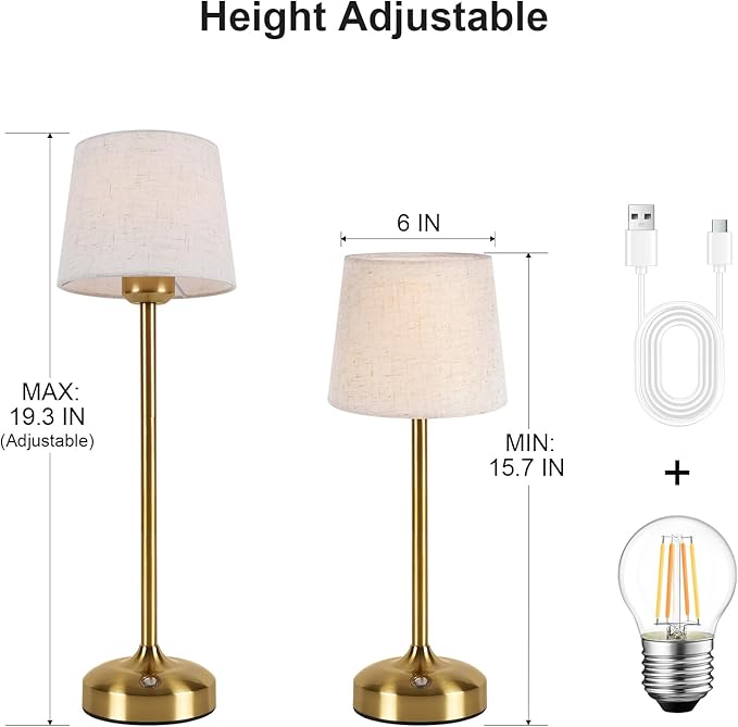 YAYZA! Cordless Table Lamp Adjustable Height Desk lamp, Fabric Shade 7500mAh Rechargeable LED Wireless Touch Night Light Stepless Dimming, 3 Color Temperatures with Edison Bulb (High Gold - 1 Pack)