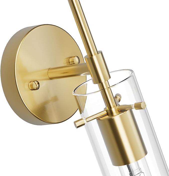 Wall Sconce Set of 2 Brass Wall Light, Farmhouse Vanity Light Fixture Modern Indoor Wall Light with Clear Glass Shade for Bathroom Bedroom Living Room Hallway Vanity