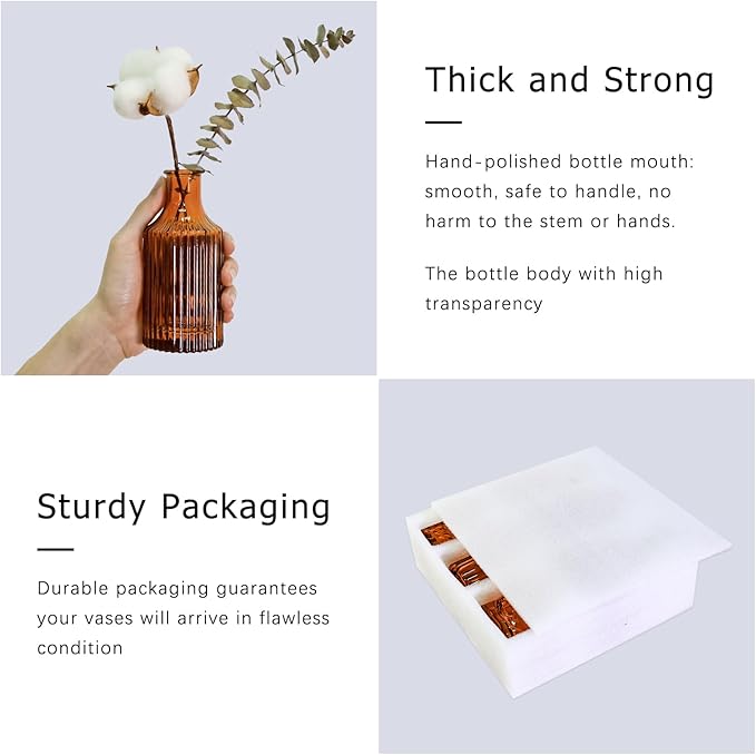 Glass Bud Vase Set of 5, Amber Small Flower Vases for Centerpieces in Bulk, Mini Vintage Vase for Rustic Wedding, Home,Table Decoration