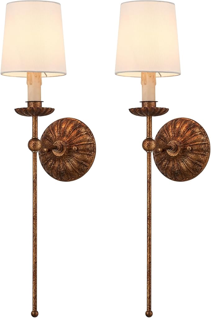 Wall Sconces Set of 2 Antique Brass Wall Lights Vintage Farmhouse Off-White Fabric Wall Lamp for Vanity Stairway Fireplace Living Room Bedside Passway Hallway