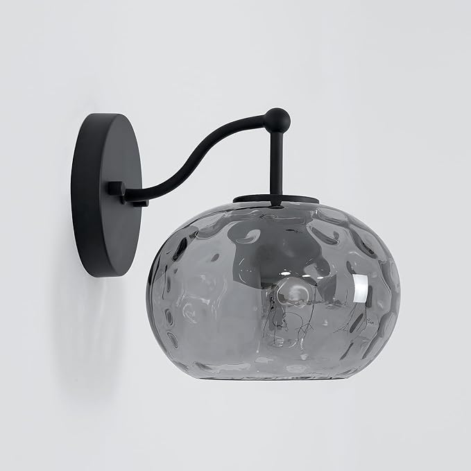 Matte Black Wall Sconce Light Smoked Hammered Glass Vanity Lighting Modern Grey Shade Wall Lamp for Bathroom Over Mirror