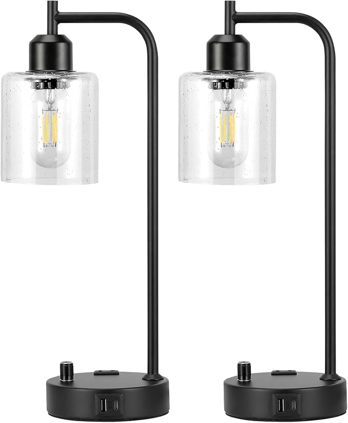 Industrial Table Lamps for Bedrooms Set of 2 - Fully Dimmable Bedside Lamps with USB A and C Ports and Outlet, Black Nightstand Lamps with Glass Shade for Living Room, Desk Lamps for Office Reading