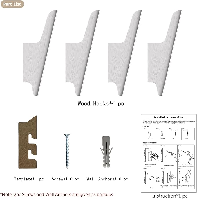 Wooden Wall Hooks 4 Pack Coat Hooks Mounted White Wooden Hooks for Wall Hanging Hat, Towel, Bag, Backpack, Decorative Wood Heavy Duty Hook for Entryway and Bathroom (White)