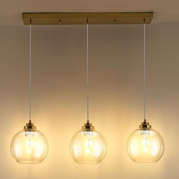 3-Light Gold Linear Chandelier, Globe Kitchen Island Lighting, Modern Pendant Light with Clear Glass for Dining Room Living Room Pool Table, ZCPL101BG-3S