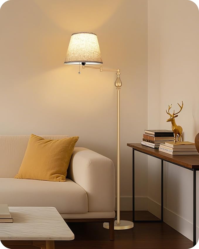 Vintage Floor Lamp with 350°Adjustable Swing Arm, 61” Mid-Century Modern Floor Lamp, Farmhouse Standing Pole Lamp, Antique Reading Lamp for Living Room, Bedroom, Office, Linen Shade, Gold DE13LD05