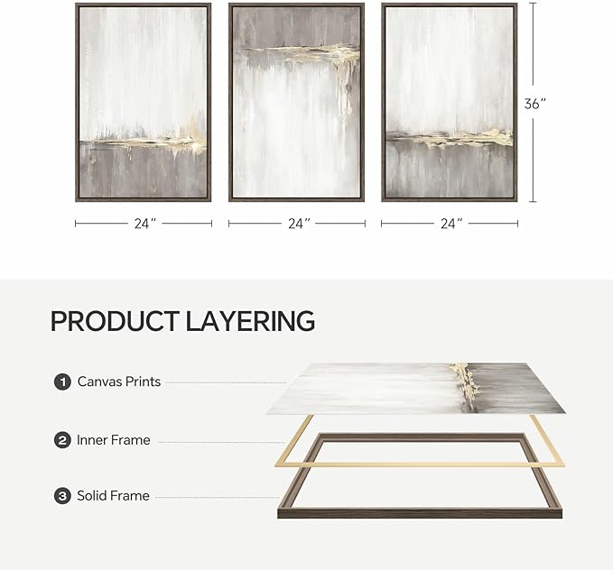 Large Framed Neutral Abstract Wall Art for Living Room, 3 Piece Gray Tan White Gold Canvas Prints, Modern Minimalist Grey Landscape Painting Artworks for Entryway Hallway Office Wall Decor, 24x36 In