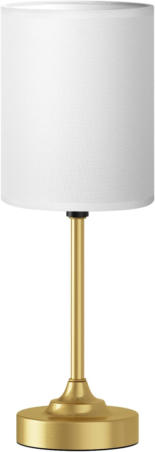 Gold Nightstand Bedroom Lamp - 3 Way Dimmable Bedside Lamp, Small Table Lamp Linen Lampshade for Office Desk, LED Bulb Included