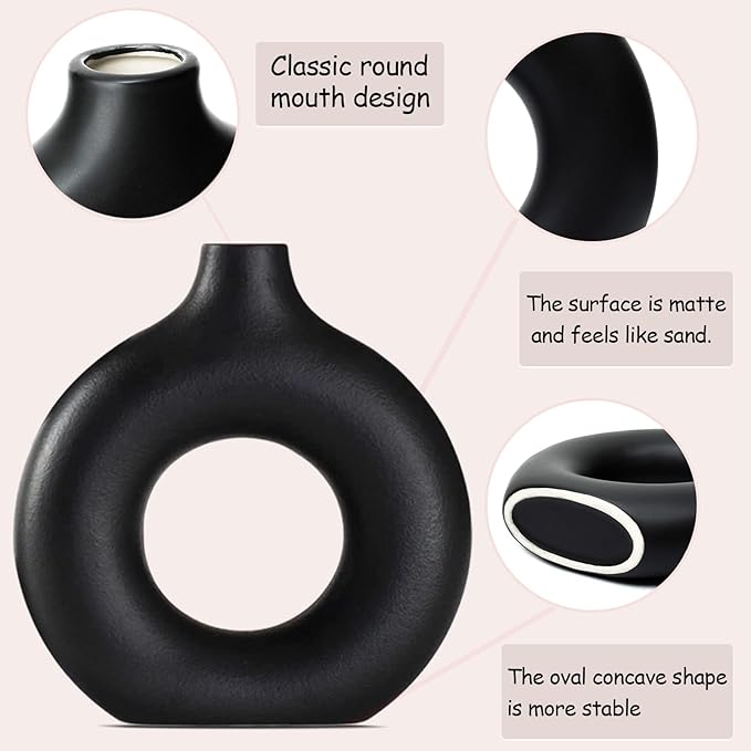 Black Ceramic Vase for Modern Home Decor, Round Matte Pampas Flower Vases Minimalist Nordic Boho Ins Style for Wedding Dinner Table Party Living Room Office Bedroom, Decorative Gift