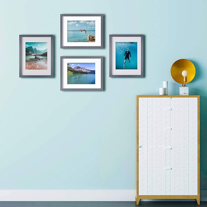 Egofine 11x14 Picture Frames 4 Pack Display Pictures 5x7/8x10 with Mat or 11x14 Without Mat Made of Solid Wood Covered by Plexiglass for Table Top Display and Wall Mounting Photo Frames, Dark Gray