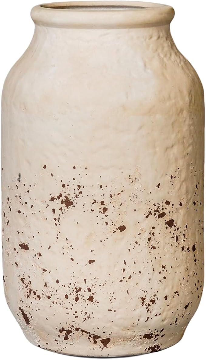 Farmhouse Rustic Vase, 9 Inch White Ceramic Vase for Home Decor Living Room Shelf Office Entryway Table Decor