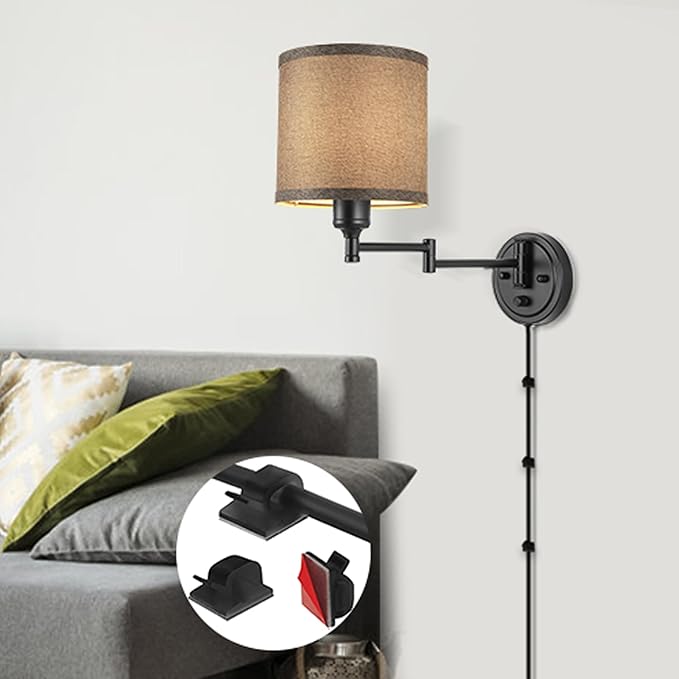 Dimmable Plug in Wall Sconces, Swing Arm Wall Lamp, Wall Sconces Set of Two, Plug in Wall Light, Sconces Wall Decor Set of 2, Grey Fabric Shade, 2pcs Bulbs Included