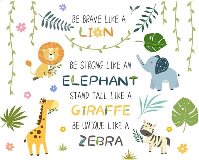 Cute Jungle Theme Wall Stickers Removable Animal Forest Wall Decals Elephant Monkey Lion Giraffe Zebra Peel and Stick Tropical Wall Art Decor for Nursery Bedroom Classroom (Green)