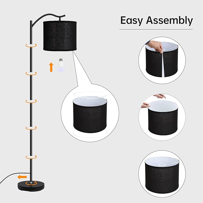 Montage Mid Century Arched Floor Lamp with Black Linen Shade, E26 Socket, Footswitch - Perfect for Living Room, Bedrooms, Office or Corner