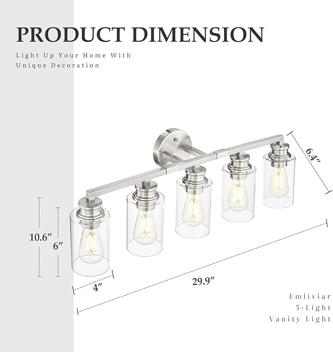 Emliviar 5-Light Brushed Nickel Vanity Light for Bathroom, Modern Vanity Sconce Over Mirror with Clear Glass Shade, YCE253B-5W BN