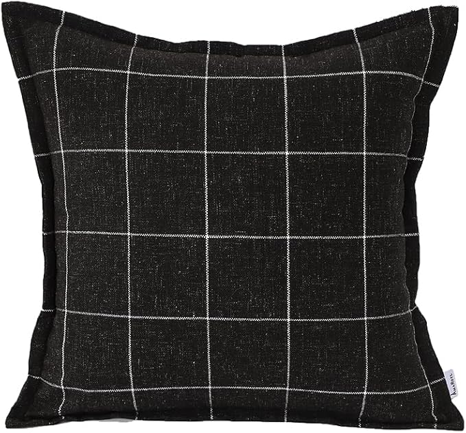 Plaid Pillow Black and White Plaid Boho Farmhouse Linen Throw Pillow Covers Set of 2, 16x16 Inches, Black