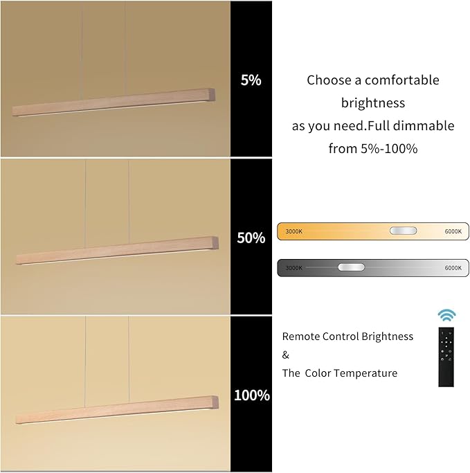 39" Wooden Linear Pendant Light LED Pendant Lights Dimmable Pool Table Island Lights Modern Linear Chandeliers for Dining Room Kitchen Ceiling Pendant Lamp for Kitchen Island Billiard Room Natural