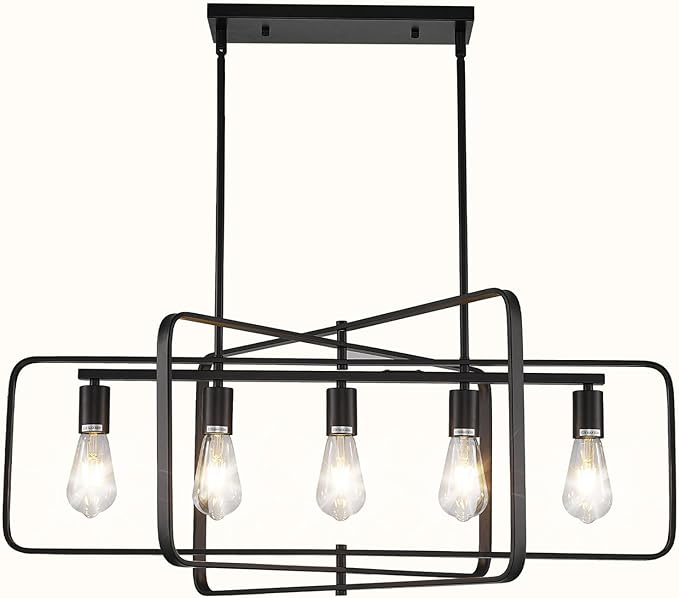 Dining Room Light Fixture/Chandelier Over Table,5-Light Kitchen Island Lighting Hanging for Farmhouse Linear Chandeliers Matte Black Rectangle Rustic Ceiling Pendant Light Fixtures, Height Adjustable