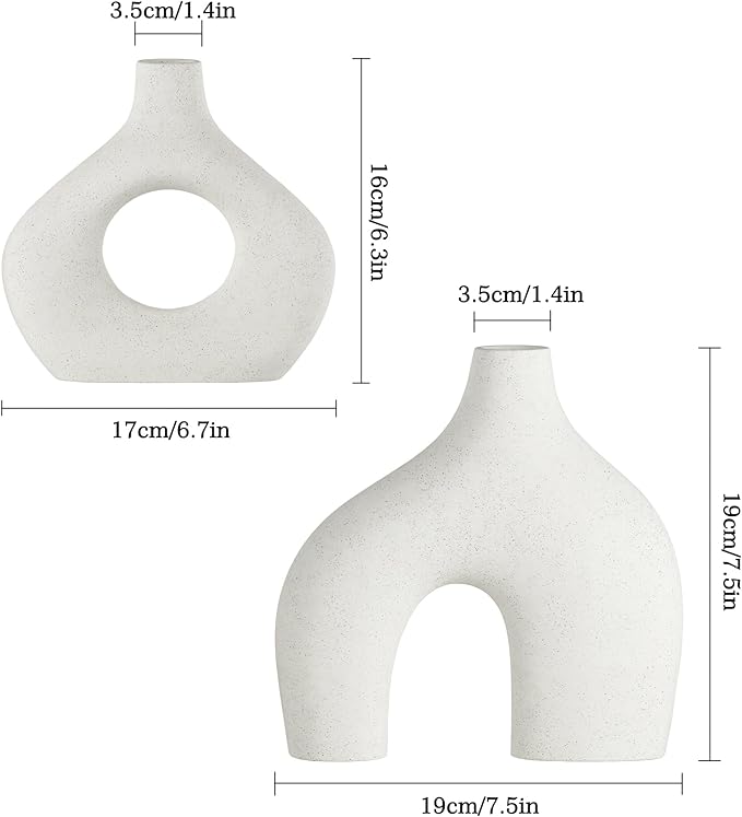 White Ceramic Vase Set of 2, Pampas Grass Vases for Home Decor, Round Matte Boho Vases for Flowers, Nordic Minimalism Style vase for Living Room Bedroom Shelf Decor