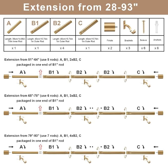 Splicing Curtain Rod for Window 28-93", Decorative Curtain Rods with Cap Finials, Adjustable 1-Inch Window Curtain Rods, Splicing Curtain Rod Warm Gold