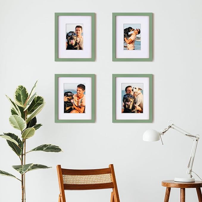 Egofine 8x10 Picture Frames 4PCS, Made of Solid Wood Display 4x6 and 5x7 with Mat Covered by Plexiglass, for Table Top Display and Wall Mounting Photo frame, Green