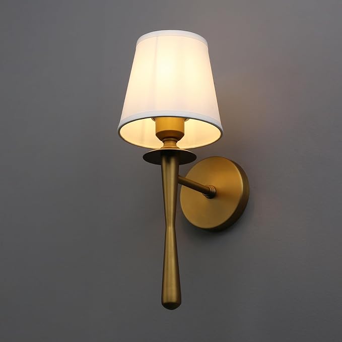 Yosoan Brass Gold Retro Boho White Fabric Wall Sconce Set of 2, Vintage Industrial Antique Indoor Hardwired Champagne Bronze Flared Fabric Shade for Bedroom Hallway Living Room