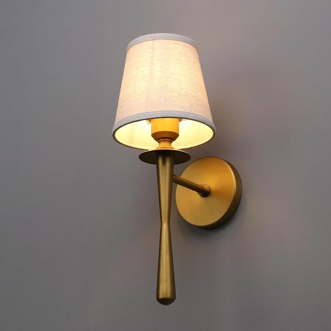 Yosoan Brass Gold Retro Boho Linen Fabric Wall Sconce Set of 2, Vintage Industrial Antique Indoor Hardwired Champagne Bronze Flared Fabric Shade for Bedroom Hallway Living Room