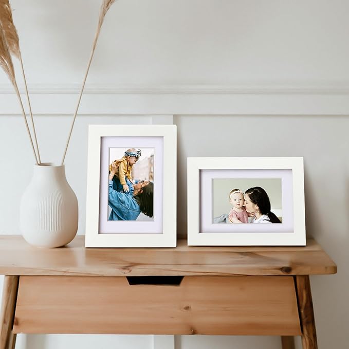 Egofine 4x6 Picture Frames 4PCS Covered by Plexiglass for Picture 3x4.5/3.5x5 with Mat or 4x6 whitout Mat Made of Solid Wood for Table Top Display and Wall Mounting Photo Frame, White with Texture