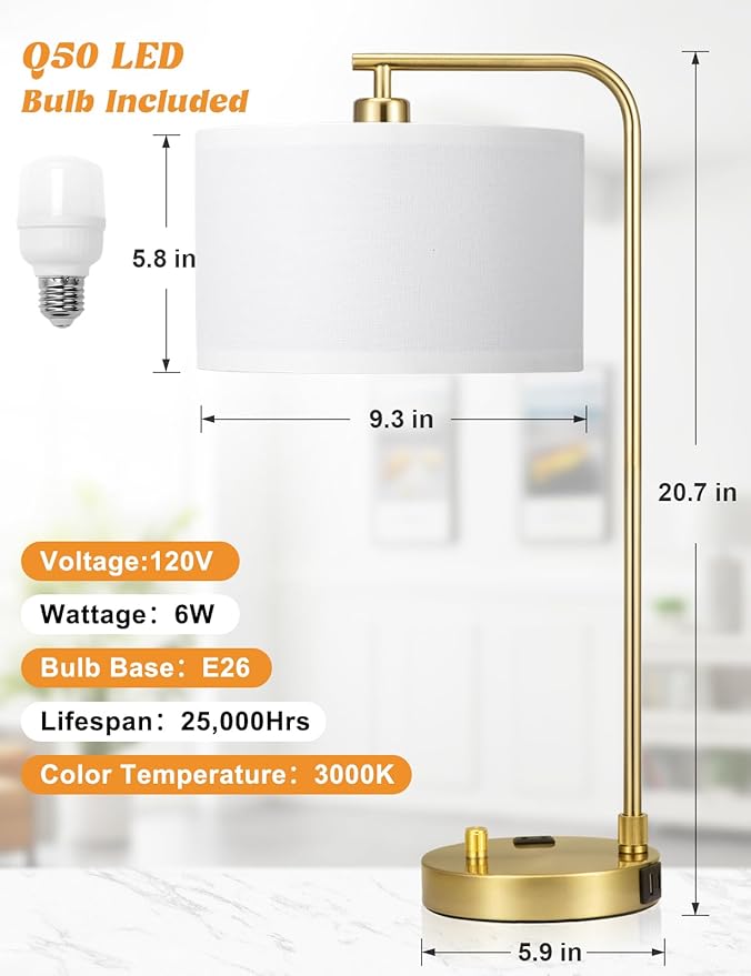 Gold Table Lamp with USB Port and Outlet, Dimmable Nightstand Bedside Lamps with Linen Lampshade, Desk Lamp for Bedroom, Living Room, Guest Room, Home Office, LED Bulb Included