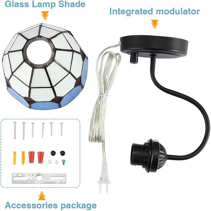 Tiffany Bedside Wall Mount Lamp with Dimmable Switch, Industrial Vintage Gooseneck Wall Sconce with Plug in Cord, Sea Blue Stained Glass Shade Wall Light Perfect for Bedroom, Living Room and Hotel