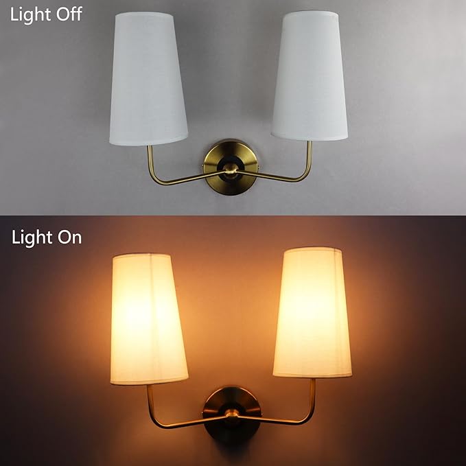DAYCENT Modern Gold Wall Sconce with Fabric Shade 2-Light Armed Sconces Wall Lighting Double Brass Sconce for Bathroom Vanity Bedroom Hallway Living Room Stairway