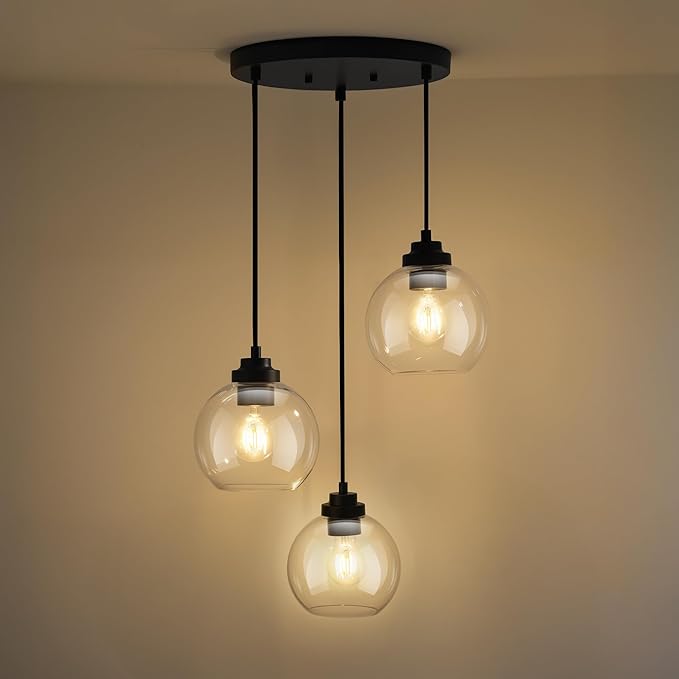 3-Light Black Pendant Light Fixture, Globe Cluster Hanging Light, Kitchen Island Lighting with Clear Glass for Dining Room Living Room Laundry Entrance Foyer, ZCPL101BK-3C