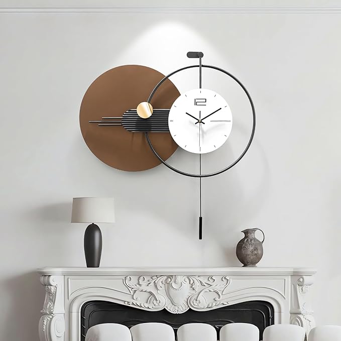 Large Modern Wall Clock for Living Room,Decorative Silent Battery Operated Wall Clock with Pendulum Metal Wall Art for Kitchen/Bedroom/Entryway/Office Decor