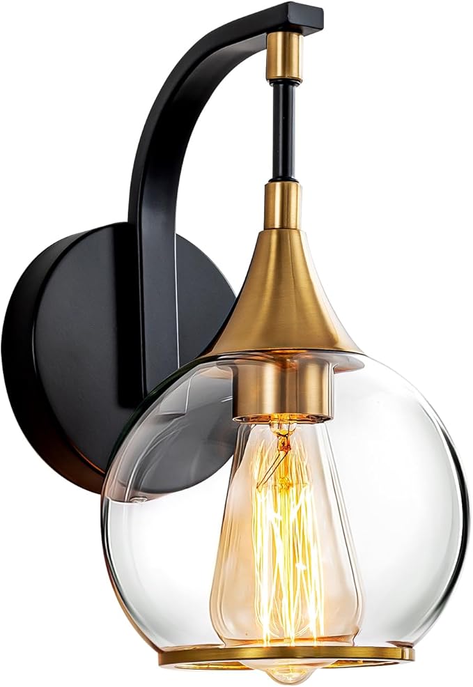 Indoor Wall Sconce, Black and Gold Wall Light Fixture with 4.9 Inches Clear Glass Shade, Bathroom Vanity Lights for Mirror, Bedroom, Hallway